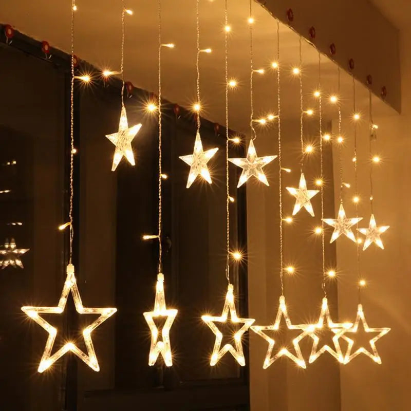LED Star Curtain Christmas String Lights for Windows and Trees | Connectable Sets with Multiple Modes | Seven Color Choices