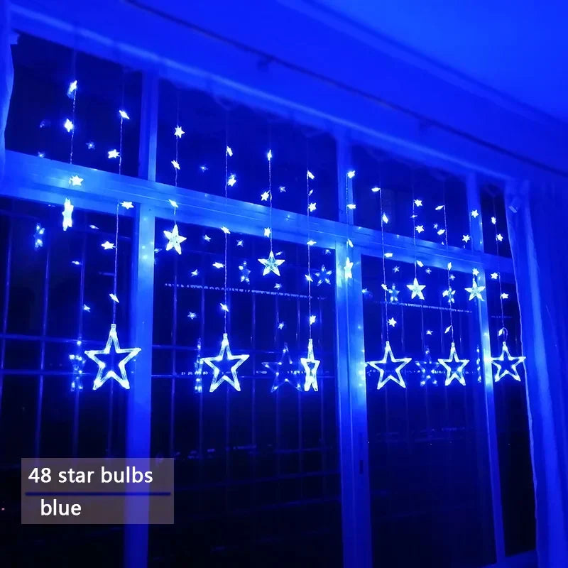 LED Star Curtain Christmas String Lights for Windows and Trees | Connectable Sets with Multiple Modes | Seven Color Choices