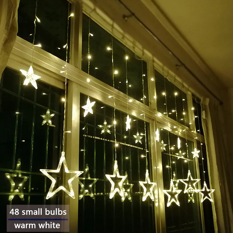 LED Star Curtain Christmas String Lights for Windows and Trees | Connectable Sets with Multiple Modes | Seven Color Choices