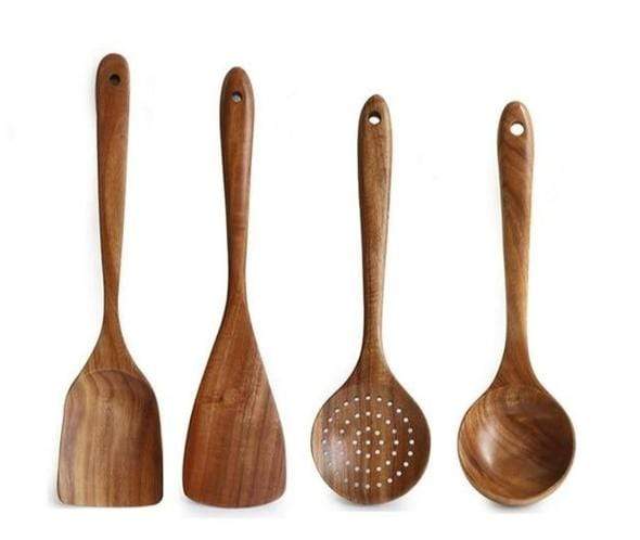 Wooden Kitchen Utensil Set with Spoons, Spatulas and Slotted Server | Heat Resistant Natural Wood | 4 or 7 Pieces