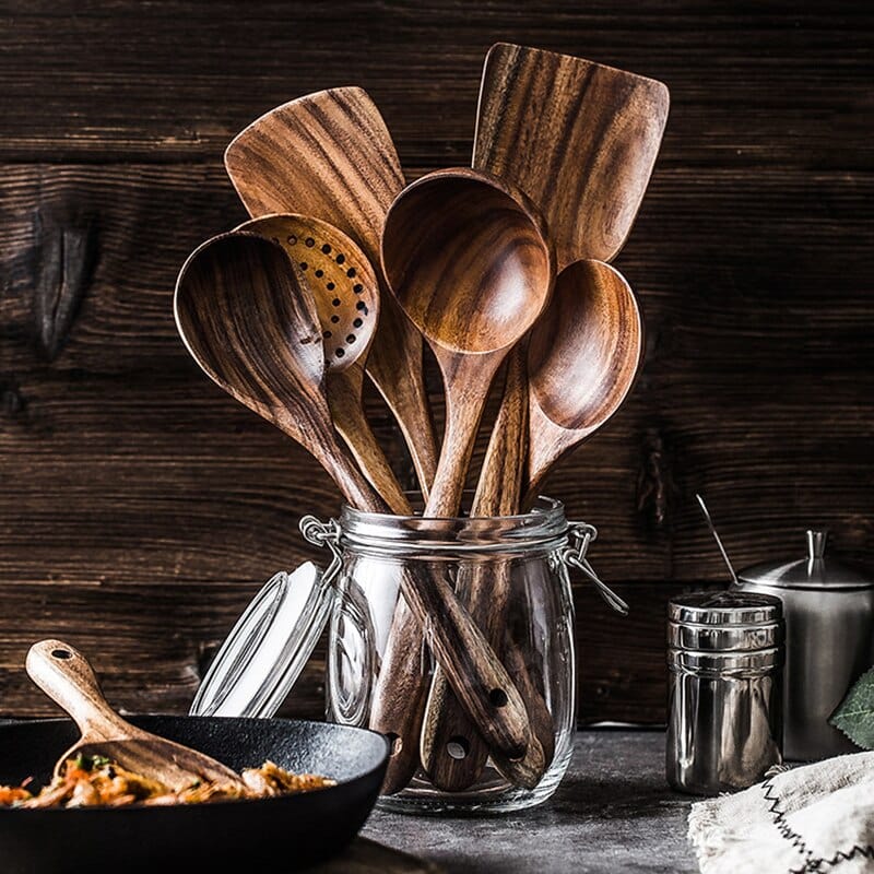 Wooden Kitchen Utensil Set with Spoons, Spatulas and Slotted Server | Heat Resistant Natural Wood | 4 or 7 Pieces
