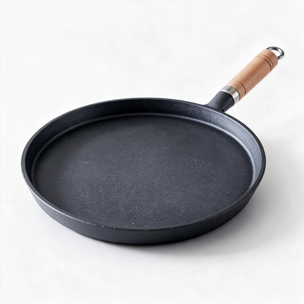 Cast Iron Skillet with a Wooden Handle | Flat Pan for Crepes, Pancakes and Fried Eggs | 8 or 10 Inch Sizes