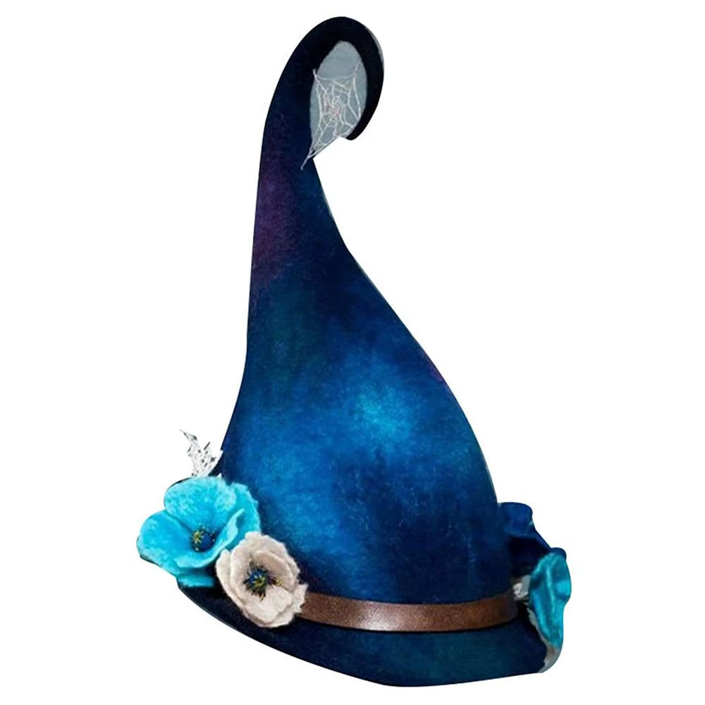 Handmade felted witch hat in blue merino wool and silk chiffon