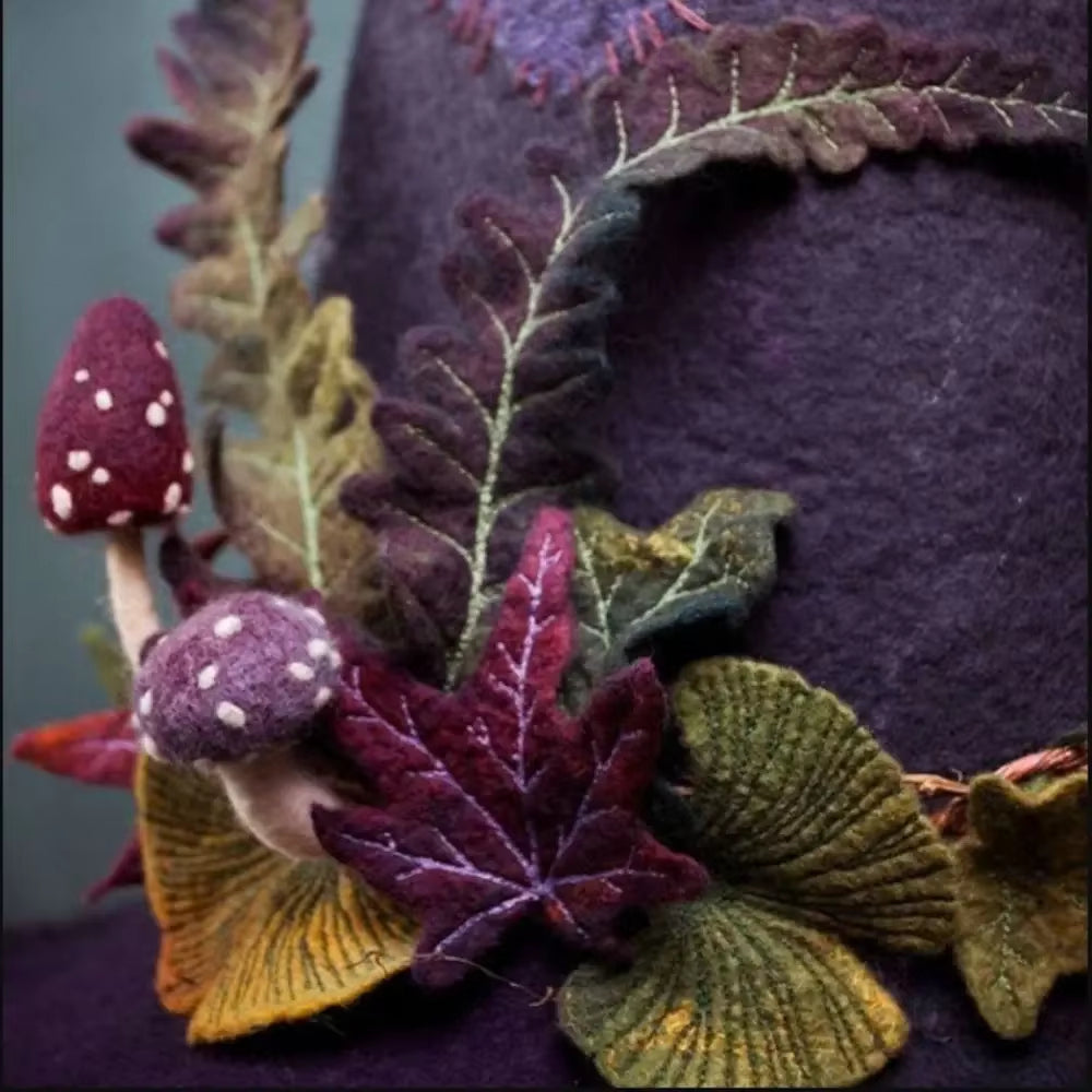Close view of the hand-dyed silk chiffon texture on the witch hat