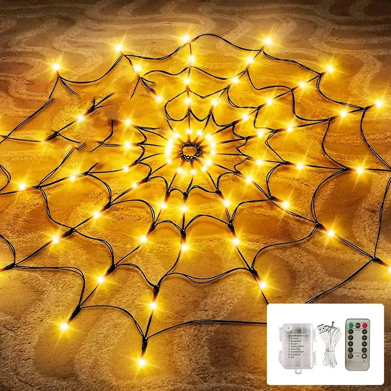 Halloween Spider Web Light | 70 LEDs With 8 Modes In Purple Or Orange | IP65 Waterproof With Bendable Black Spider