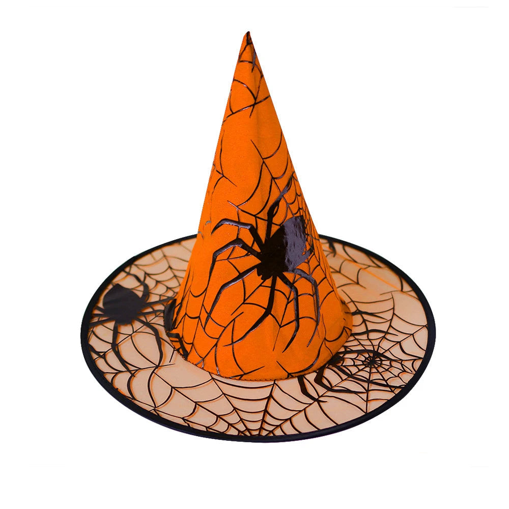 Orange spider web print Halloween witch hat