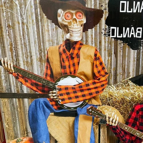 Close-up of a moving skeleton musician holding a banjo
