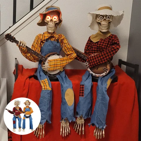 Sound activated skeleton banjo prop used as Halloween decor