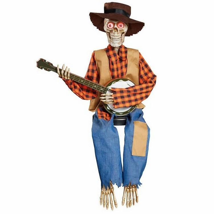Animated banjo playing skeleton duo in yellow plaid outfits