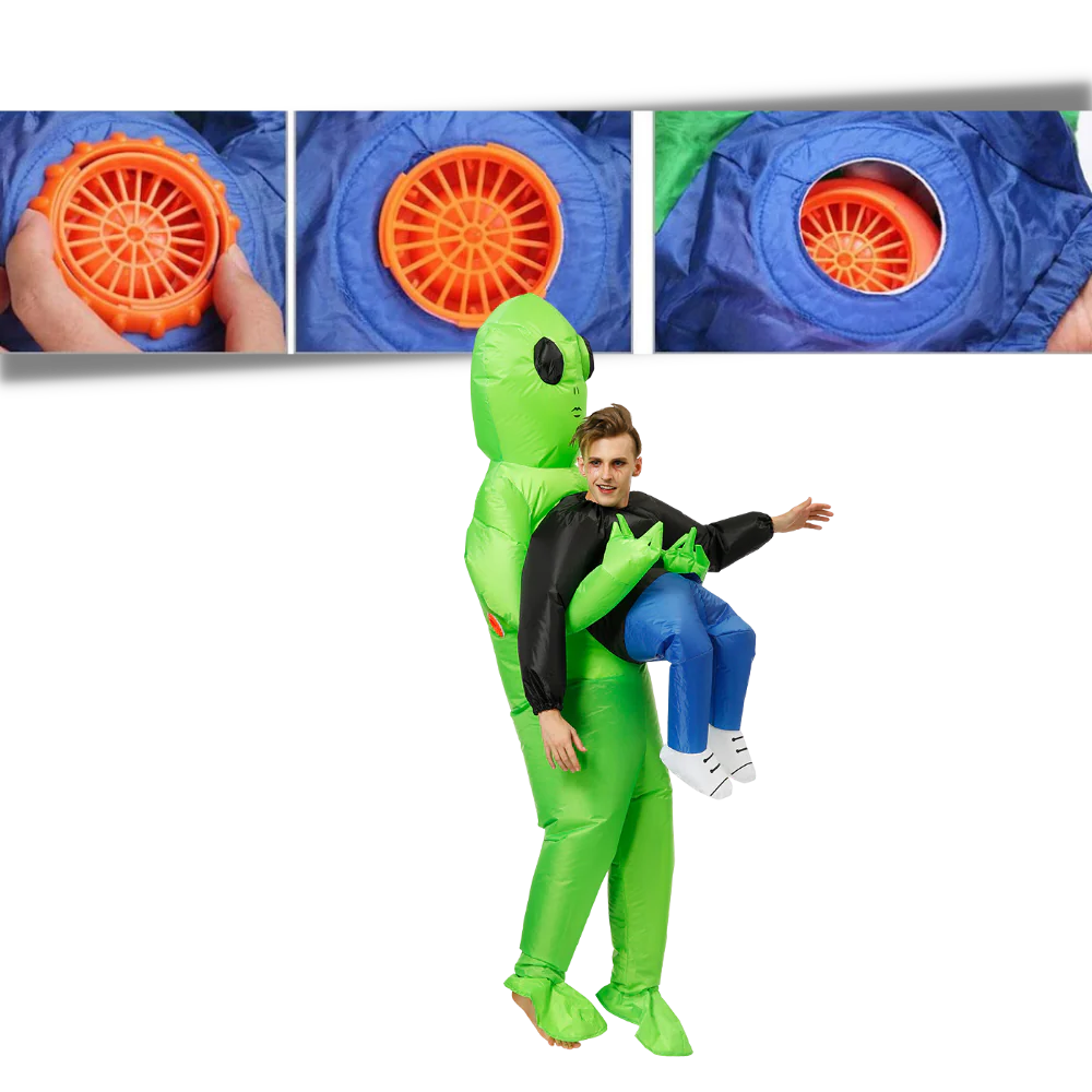 Blow-up alien costume worn by a child at a party