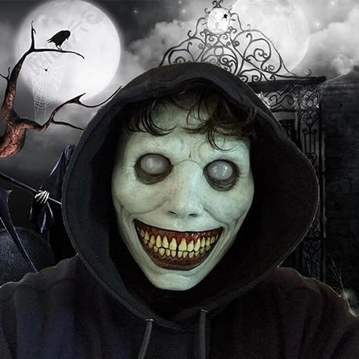 Soft latex full-face demon mask worn as a Halloween costume accessory