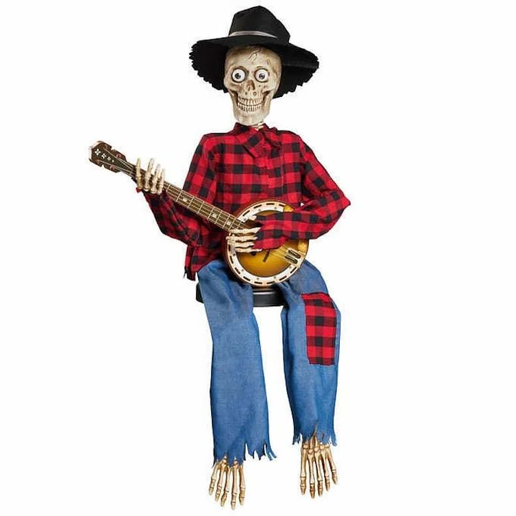Animated banjo playing skeleton duo in red plaid outfits