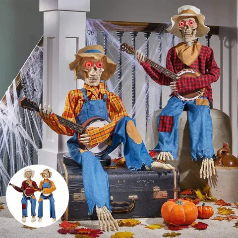 Halloween skeleton pair strumming banjos with lit eyes