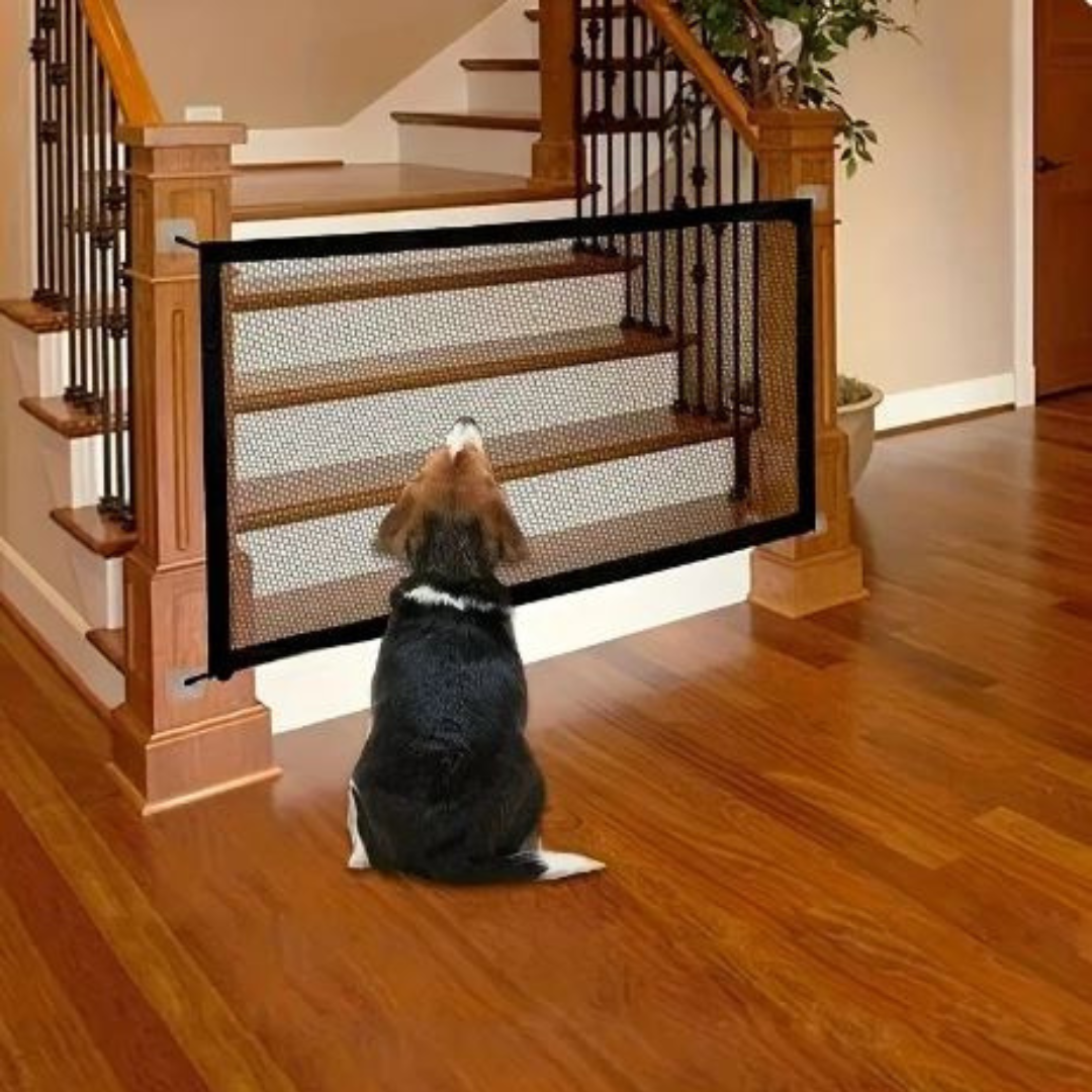 Portable Mesh Pet Gate for Doorways and Stairs | Hangs on Four Adhesive Hooks, No Tools Needed | Two Sizes for Dog or Cat