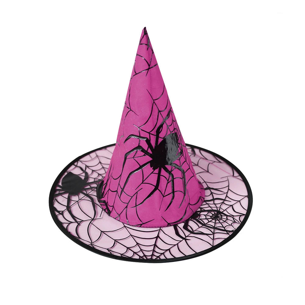 Pink Halloween witch hat with spider web print