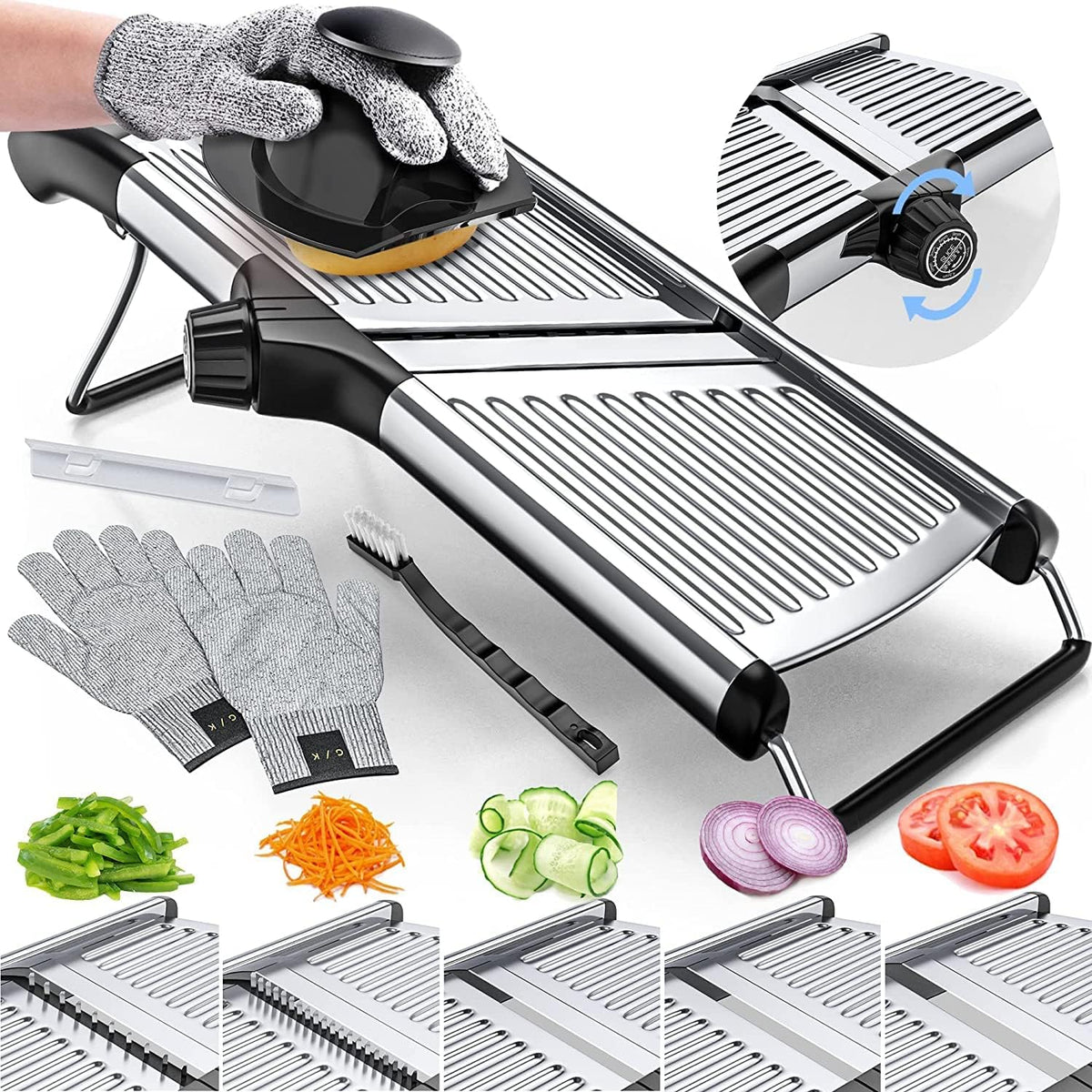Adjustable Mandoline Slicer with Cut Resistant Gloves | Sharp Stainless Steel Blades | Kitchen Gadgets for Vegetables and Fruit