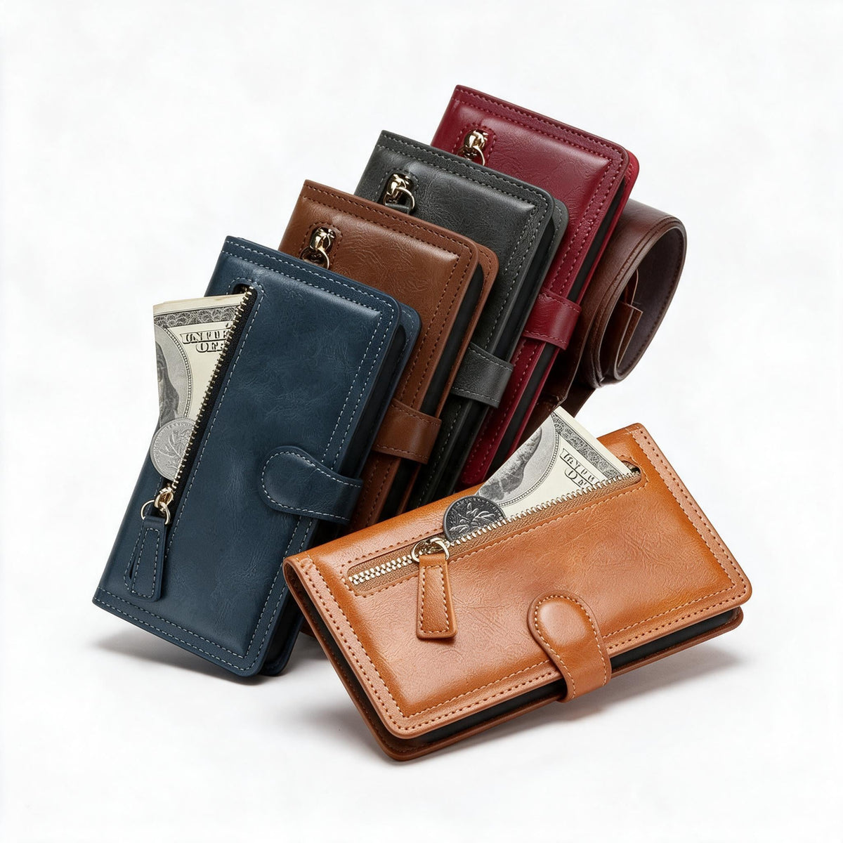 Faux Leather Wallet Phone Case for iPhone 11 to 16 Pro Max | Zip Pocket, Card Slots and Fold Out Stand | Five Colors