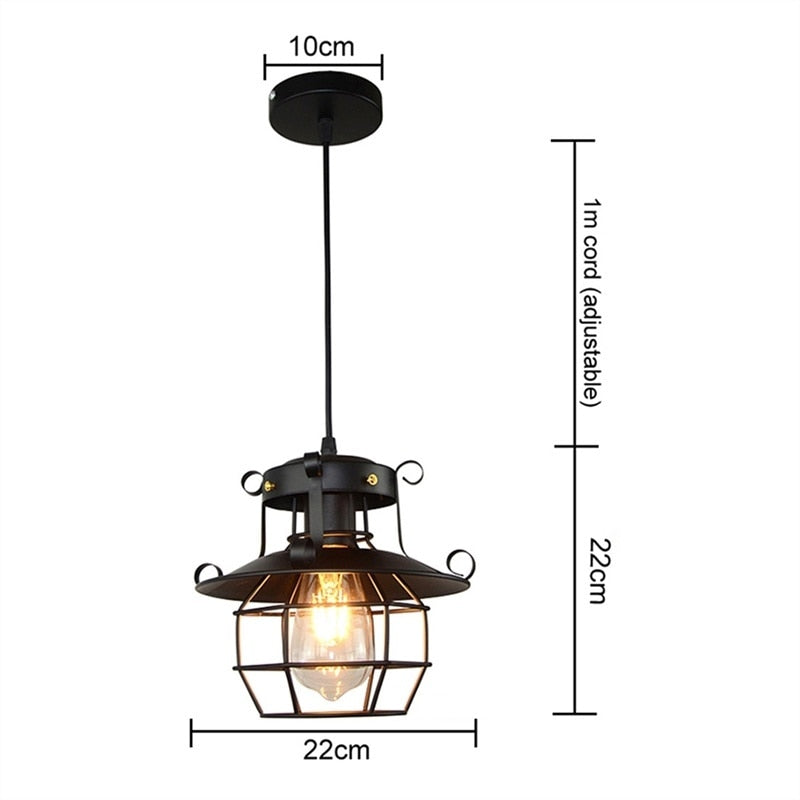Vintage Industrial Cage Light Ceiling Fixture | Antique Loft Pendant Lamp with a 1 m Adjustable Cord, 22 cm Wide