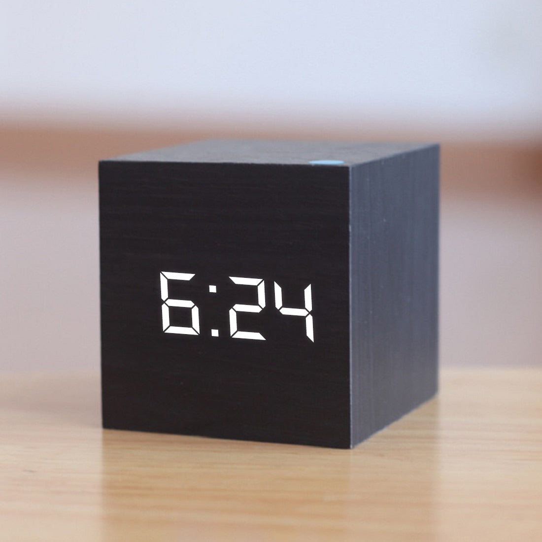 Wooden Cube Alarm Clock with Voice Control | Bright LED Digits and Energy Saving Display for Desk or Nightstand