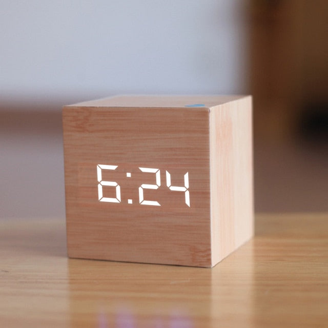 Wooden Cube Alarm Clock with Voice Control | Bright LED Digits and Energy Saving Display for Desk or Nightstand
