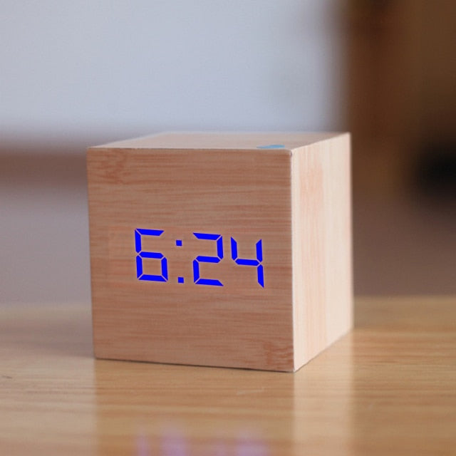 Wooden Cube Alarm Clock with Voice Control | Bright LED Digits and Energy Saving Display for Desk or Nightstand
