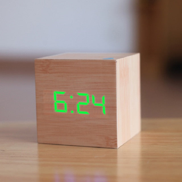 Wooden Cube Alarm Clock with Voice Control | Bright LED Digits and Energy Saving Display for Desk or Nightstand
