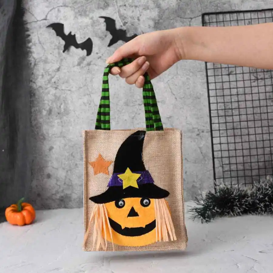 Cotton linen Halloween treat bag with pumpkin applique