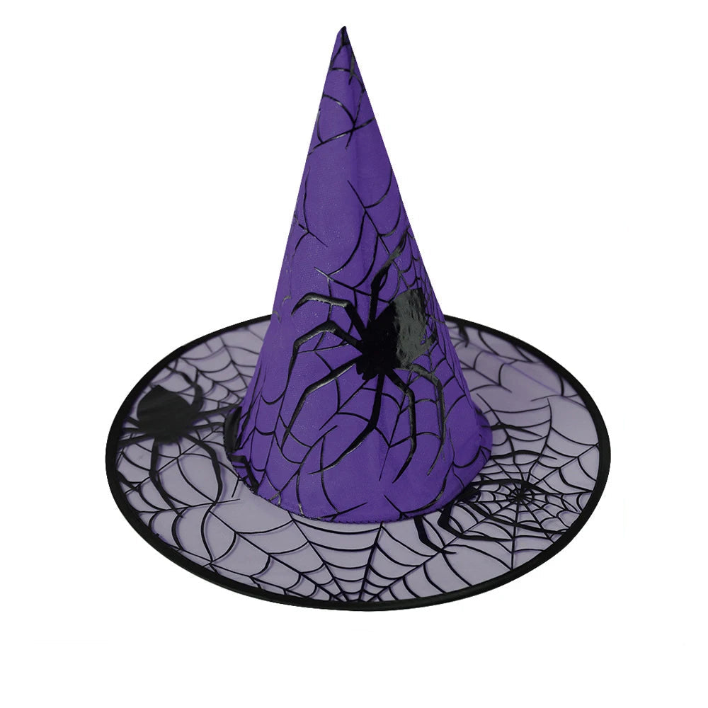 Purple spider web print Halloween witch hat