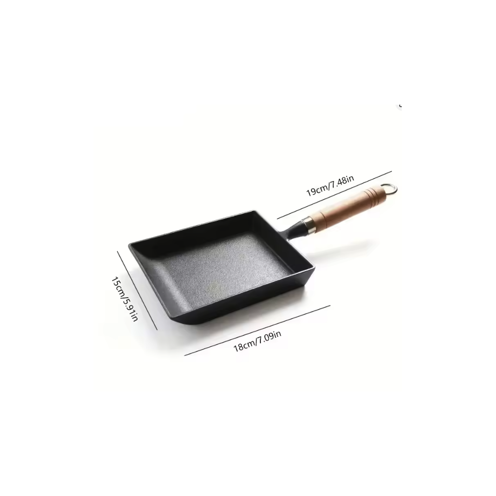Japanese Cast Iron Frying Pan for Tamagoyaki | Square Base with a Wooden Handle | Natural Surface, No Chemical Coating