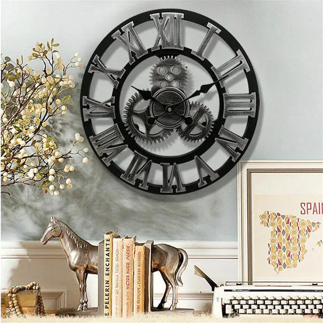 Retro Industrial Wall Clock with Exposed Gears and Roman Numerals | Round 11.8 in Dial | 3 Colors