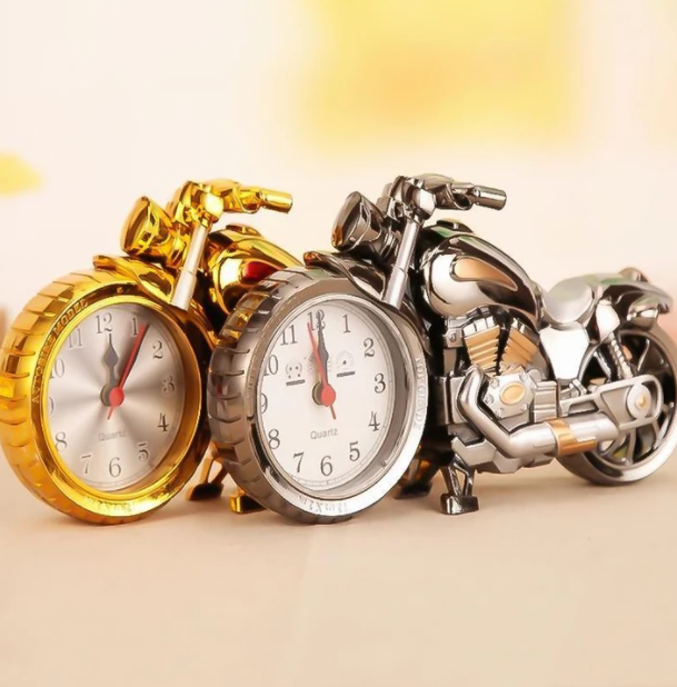 Retro Motorcycle Alarm Clock on Its Own Wheels | Readable Dial Set in the Front Tire | Gold or Silver