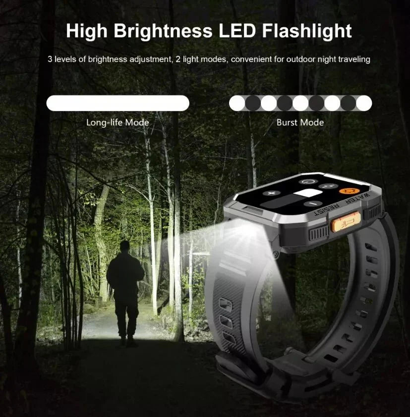 Rugged Smart Watch with 900 mAh Battery and Flashlight | Compass, SOS and Call Function | IP67 Water Resistant