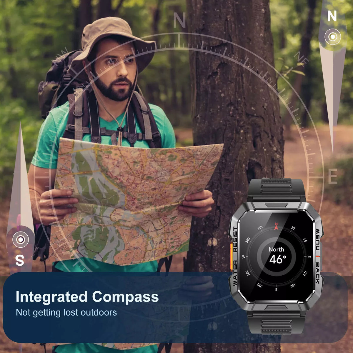 Rugged Smart Watch with 900 mAh Battery and Flashlight | Compass, SOS and Call Function | IP67 Water Resistant
