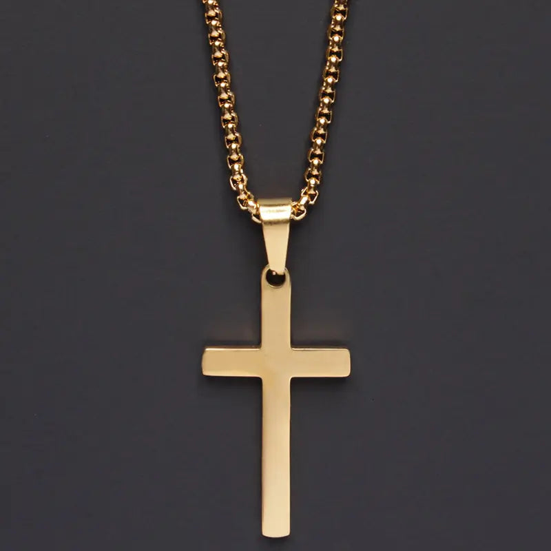 Mens Cross Pendant Necklace in Stainless Steel | Polished Gold or Silver Finish | 24 Inch Chain
