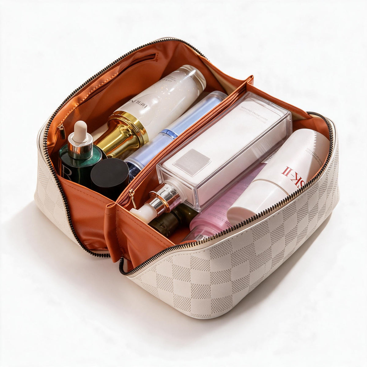 Checkered Travel Bags for Makeup with Carry Handle | Faux Leather Cosmetic Case with Several Compartments