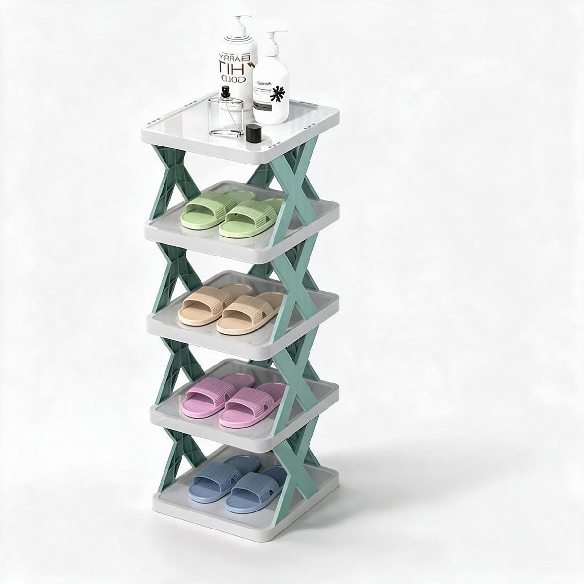 Shoe Rack with Three to Eight Vertical Tiers for Narrow Halls | Side Guards and a Top Shelf | Waterproof PP in Orange, Blue or Green