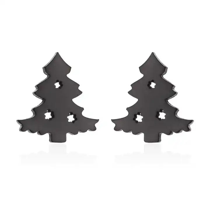 Christmas Earrings in 925 Silver with Tree and Reindeer Studs | Butterfly Backs and a 1 cm Face | 4 Finishes, 2 Sets