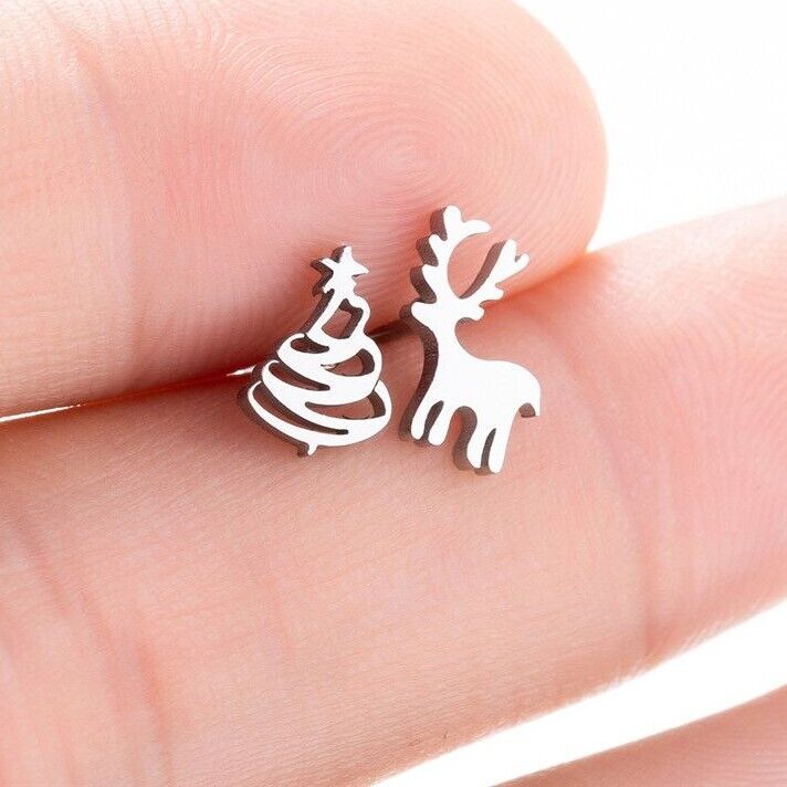 Christmas Earrings in 925 Silver with Tree and Reindeer Studs | Butterfly Backs and a 1 cm Face | 4 Finishes, 2 Sets