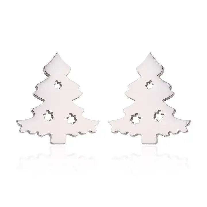 Christmas Earrings in 925 Silver with Tree and Reindeer Studs | Butterfly Backs and a 1 cm Face | 4 Finishes, 2 Sets