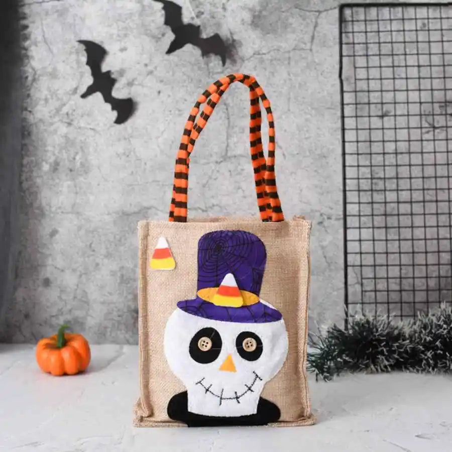 Cotton linen Halloween treat bag with skull applique