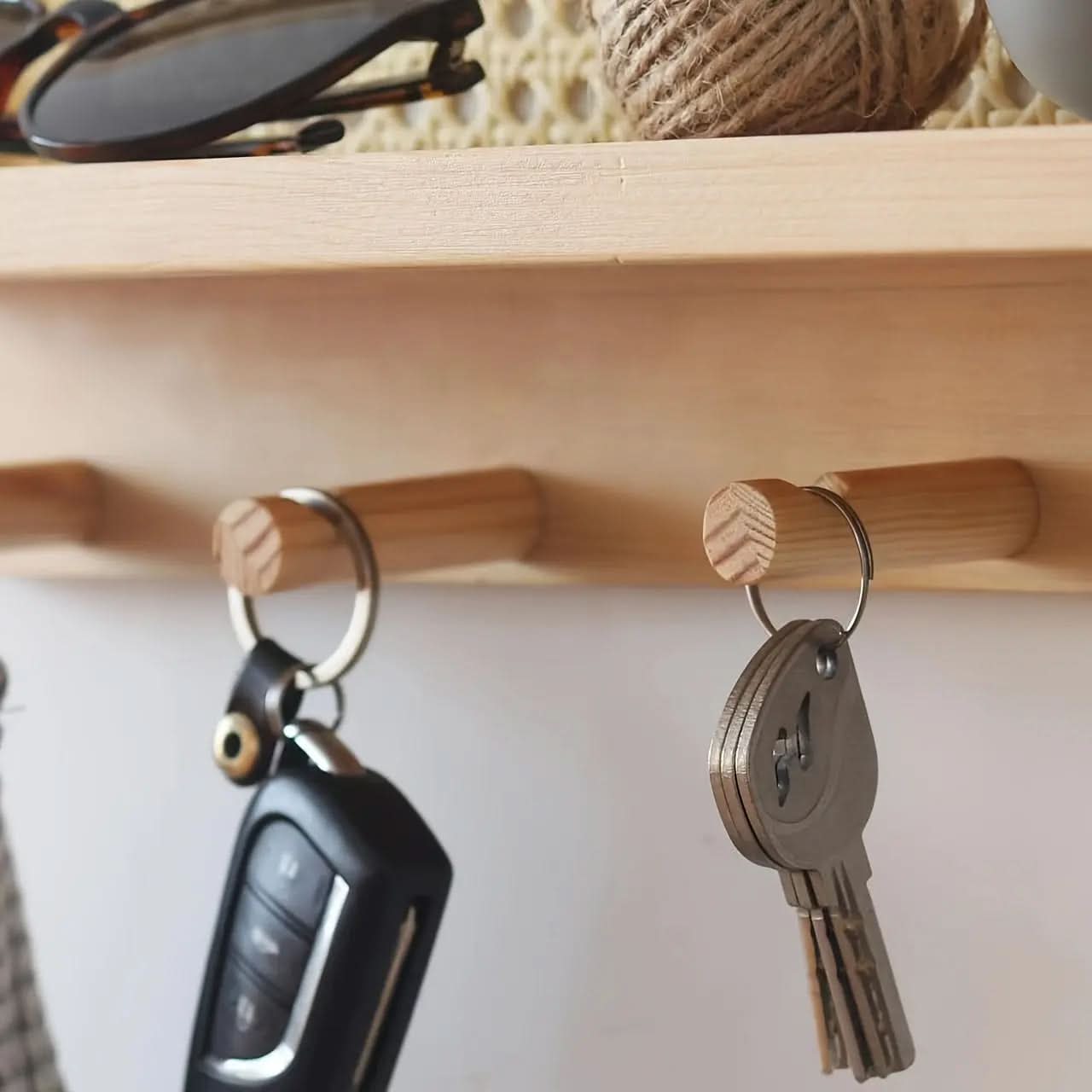 Wooden Wall Shelf with Hooks