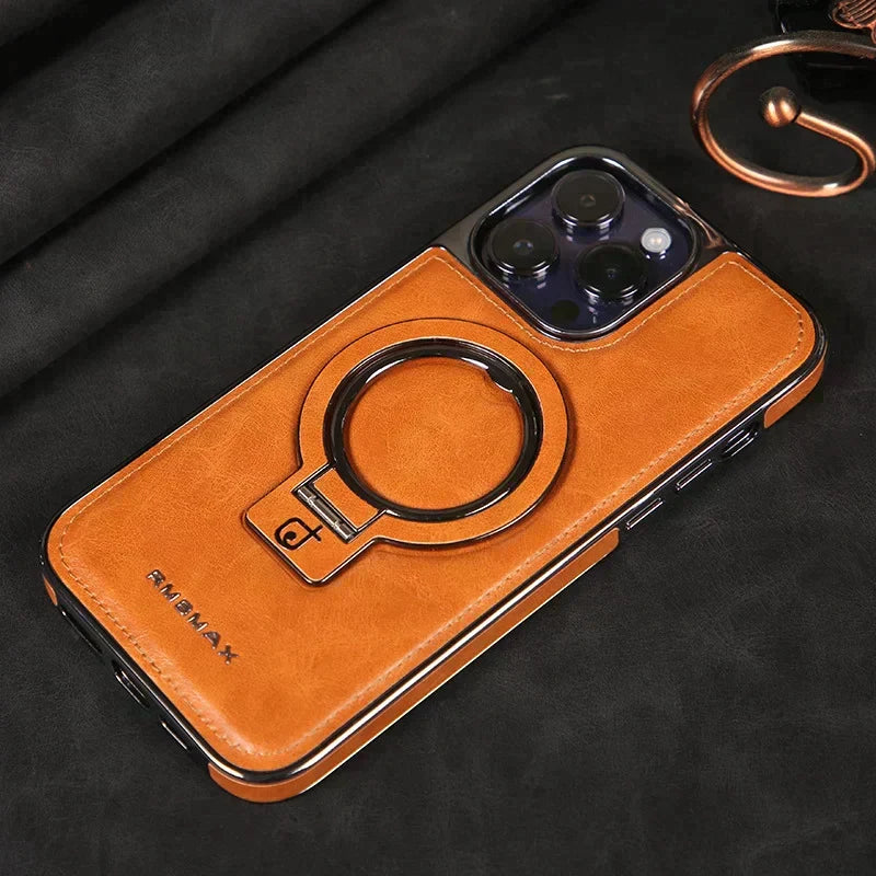Leather Look Phone Case for iPhone 12 to 15 Pro Max | Hidden Fold Out Ring Stand for Landscape Viewing | Five Colors