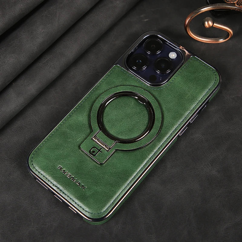 Leather Look Phone Case for iPhone 12 to 15 Pro Max | Hidden Fold Out Ring Stand for Landscape Viewing | Five Colors