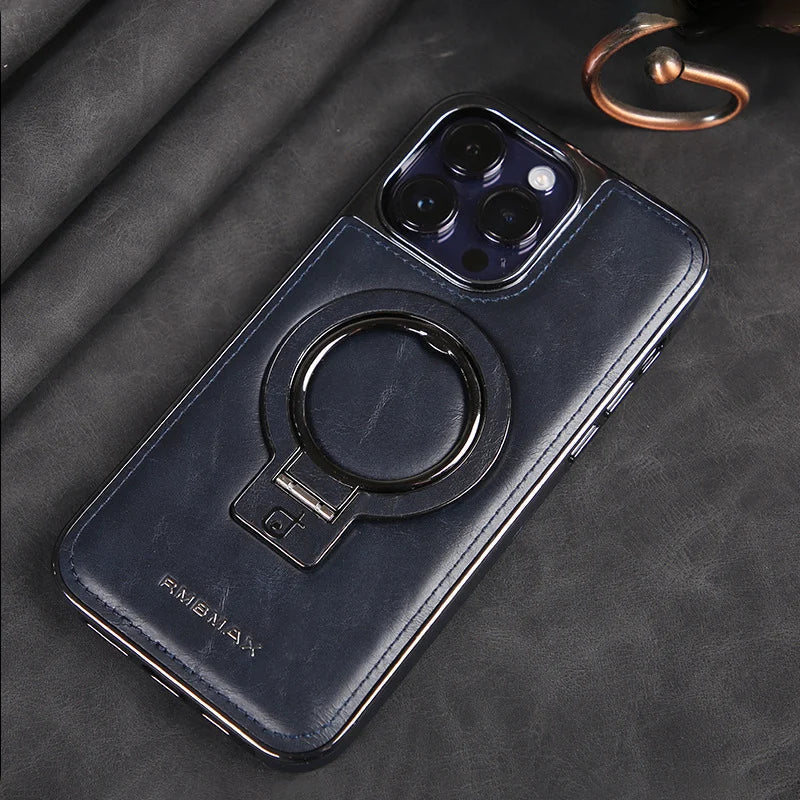 Leather Look Phone Case for iPhone 12 to 15 Pro Max | Hidden Fold Out Ring Stand for Landscape Viewing | Five Colors
