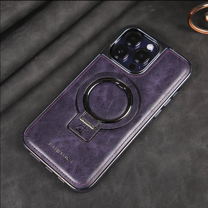 Leather Look Phone Case for iPhone 12 to 15 Pro Max | Hidden Fold Out Ring Stand for Landscape Viewing | Five Colors