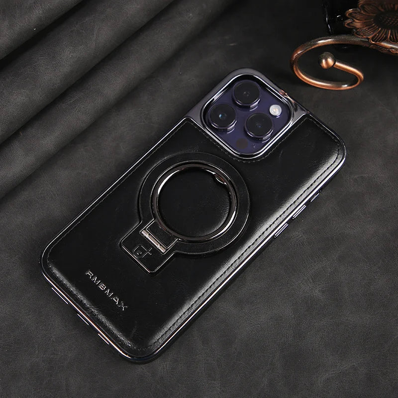 Leather Look Phone Case for iPhone 12 to 15 Pro Max | Hidden Fold Out Ring Stand for Landscape Viewing | Five Colors
