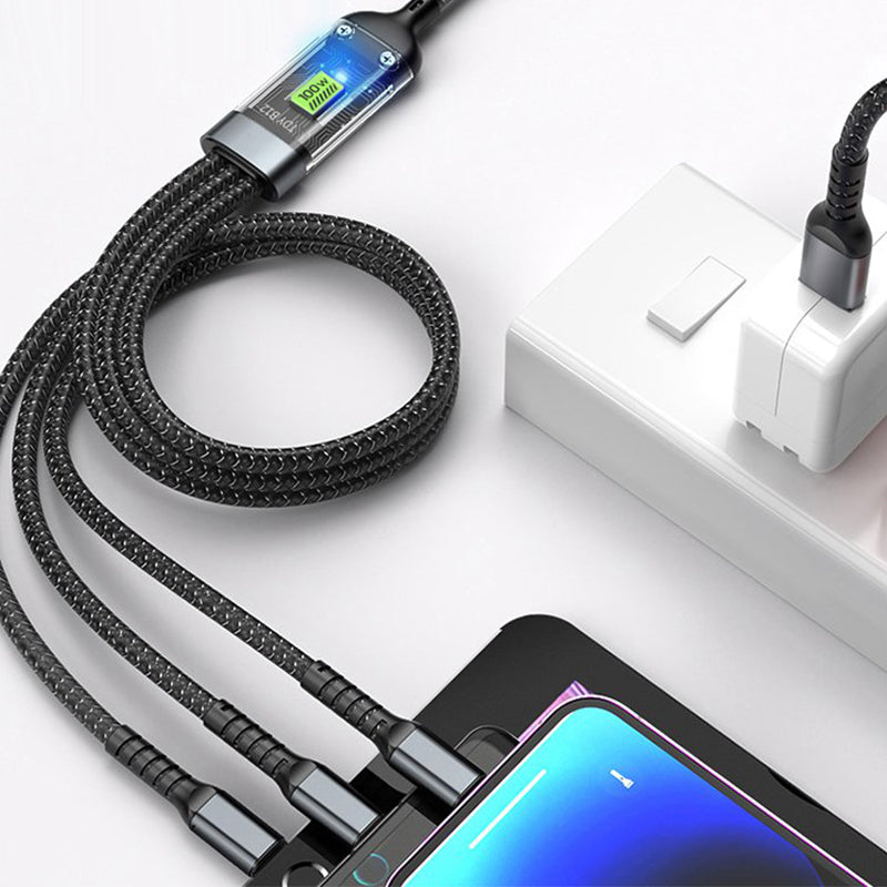 100W USB C Charging Cable with 3 Connector Tips | Braided Tangle Free Cord That Glows in the Dark | 3.9 Foot Length