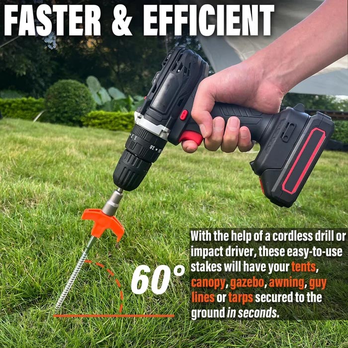 Screw In Tent Stakes for Lawn, Hard Soil and Gravel | Threaded Carbon Steel, Driven with a Cordless Drill | Packs of 4 or 8