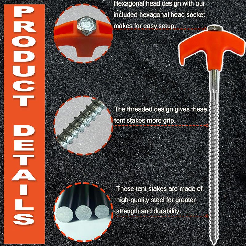 Screw In Tent Stakes for Lawn, Hard Soil and Gravel | Threaded Carbon Steel, Driven with a Cordless Drill | Packs of 4 or 8