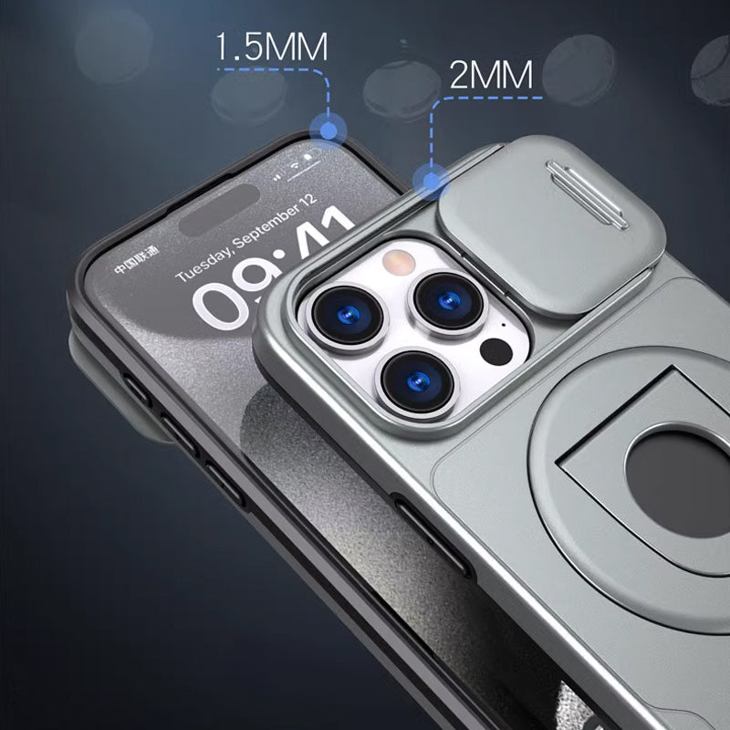 Shockproof Phone Case with Built-In Stand and Sliding Camera Cover | Magnetic Back for Car Mounts | iPhone 11 to 15 Pro Max